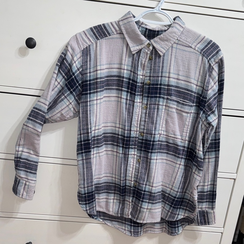 Women’s Plaid Button-Up Shirt - Blue, Gray, and purple